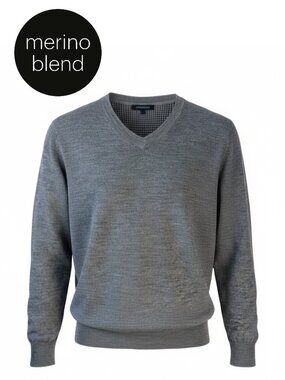 POINT ZERO COLLECTION Grey Merino Blend V-Neck Knit Sweater Large